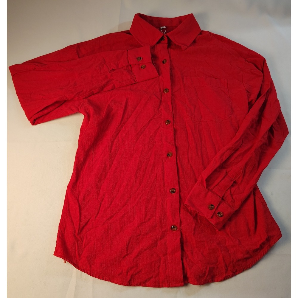 Cunlin Red 100% Cotton Linen-Look Button Down Shirt XS Long Sleeve Pocket Top
